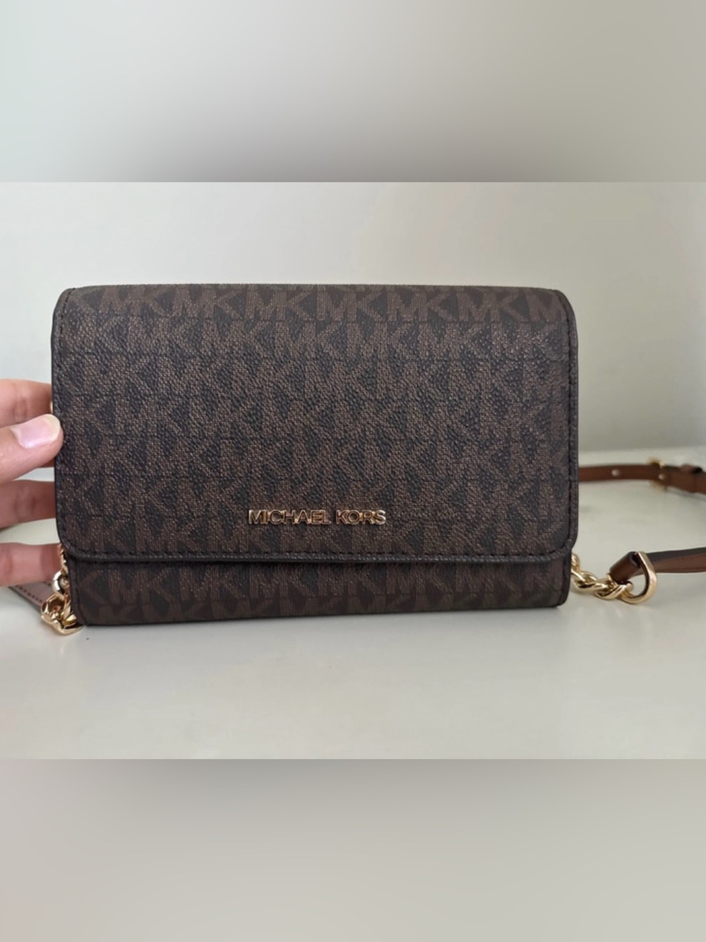Michael Kors Brown Signature MK Logo Continental Wallet with Gold Hardware